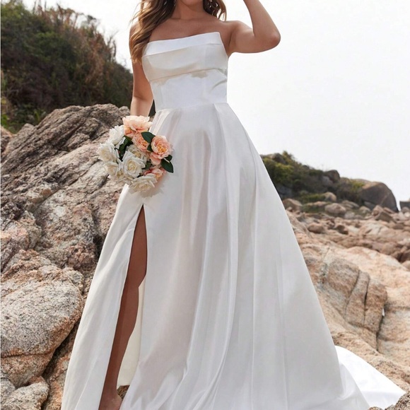 White Modern Wedding Dress Gown Satin Simple A line corset size 4 6 8 10 - Picture 7 of 8